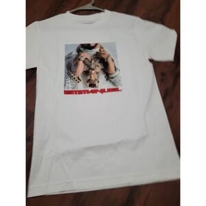 Emmanuel White Graphic Print T-Shirt Menswear Crew Neck Cotton Top size S